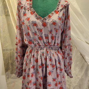 🧡Shabby Chic Ruffled Lavender & Rose Floral V-Neck Long Blouson Sleeve Dress M